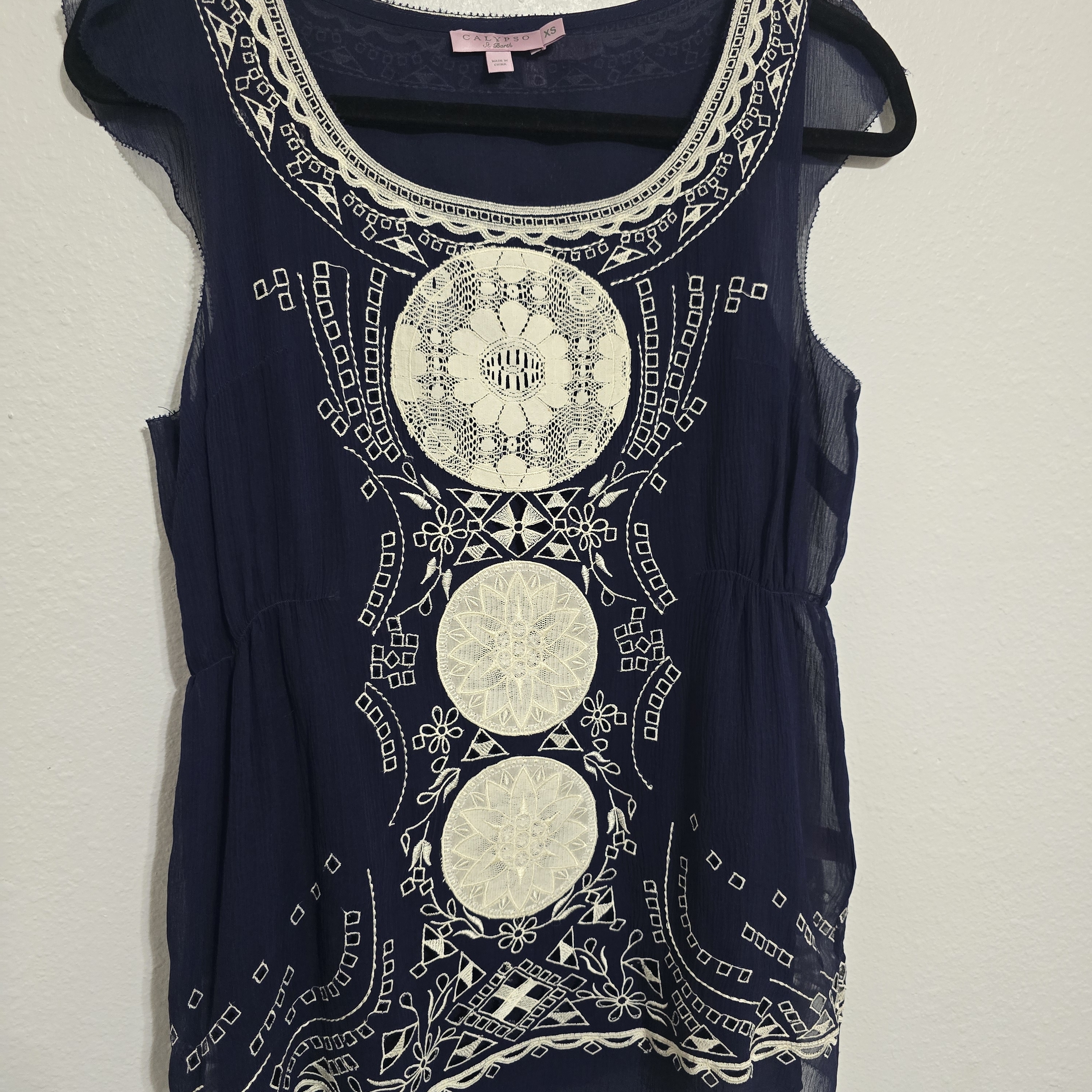 Calypso St. Barth Dark Blue Blouse With Cream Embroidery